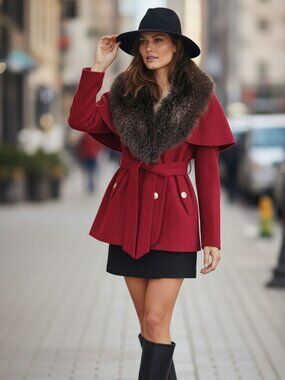 Steve Madden Burgundy Wool Capelet with Faux Fur Collar Double Breasted Coat L